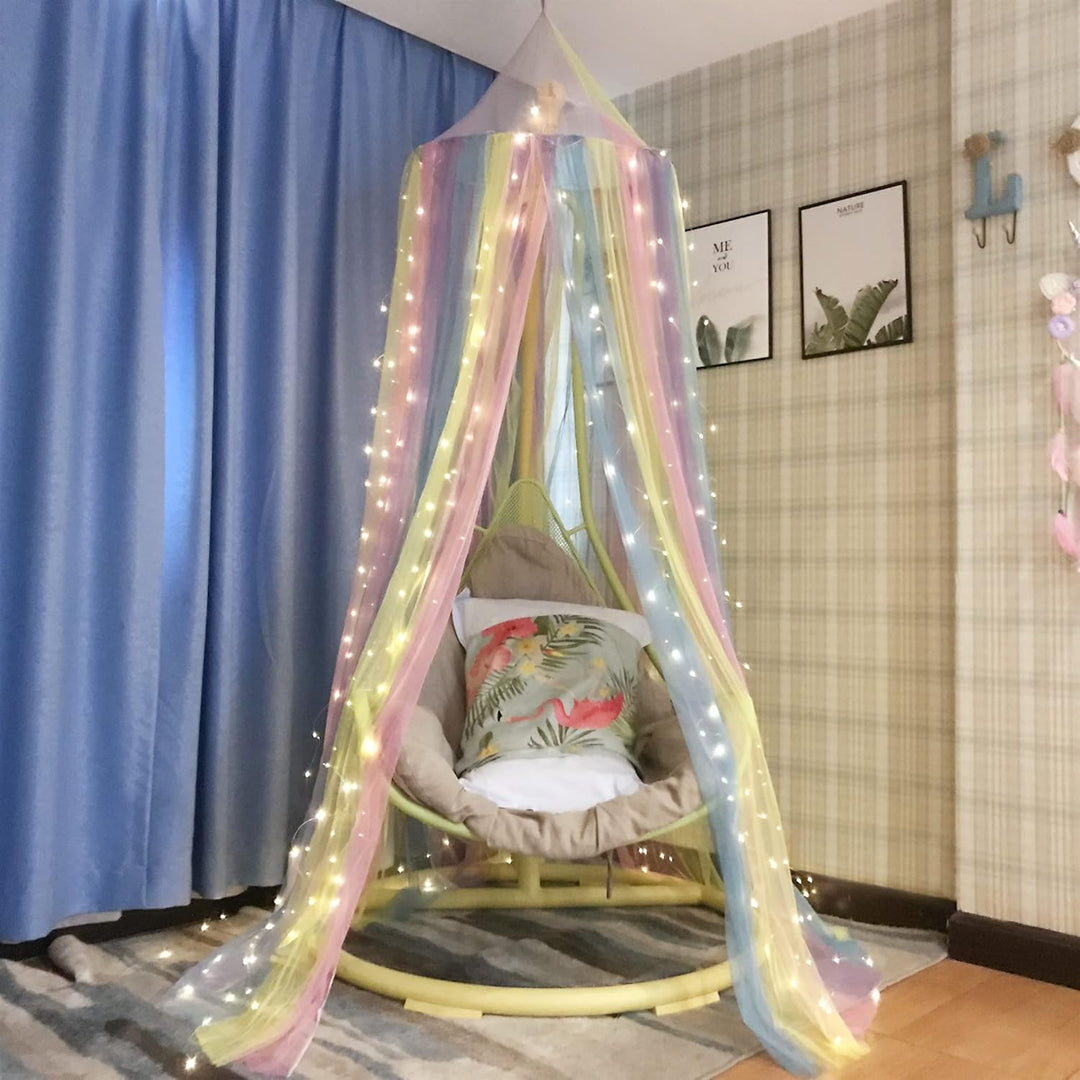 Eimilaly Prinzessin Betthimmel mit 250pcs Warm White Curtain Lichter, Regenbogen Betthimmel für Mädc