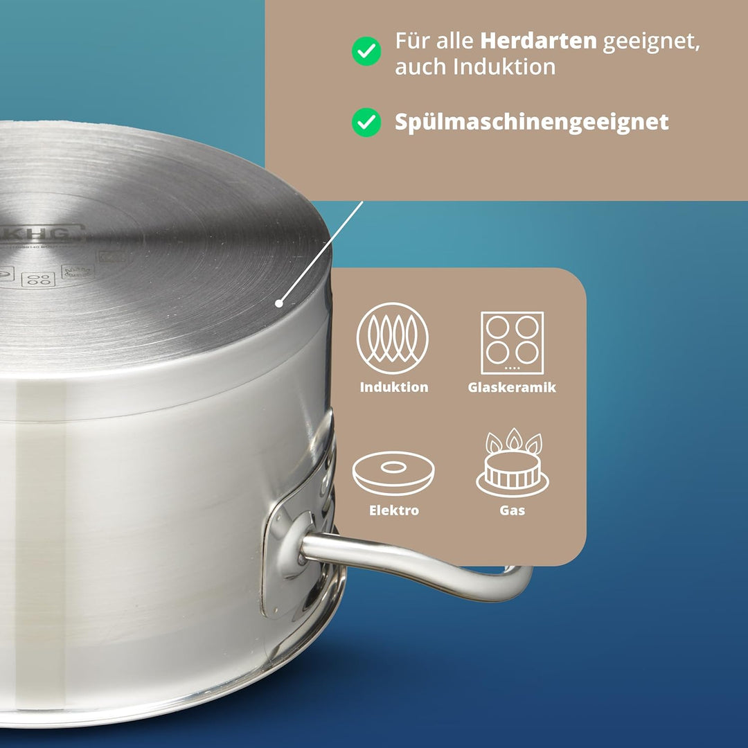 KHG Topf Kochtopf Bratentopf 20 cm Induktion, Edelstahl unbeschichtet inkl. Glasdeckel | 9,5 cm hohe