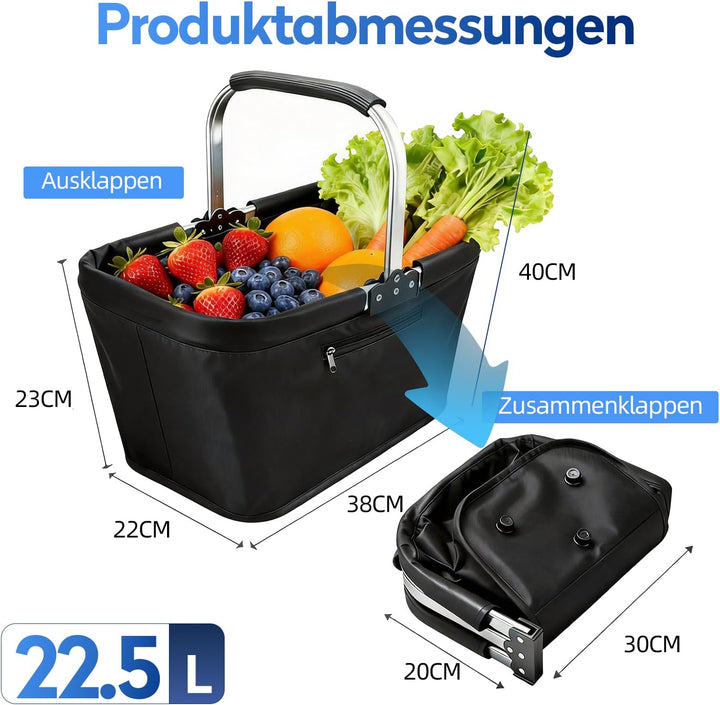 22.5L Zusammenlegbarer Picknick- & Einkaufskorb mit Gestell | Tragbarer Faltbarer Marktkorb mit Seit