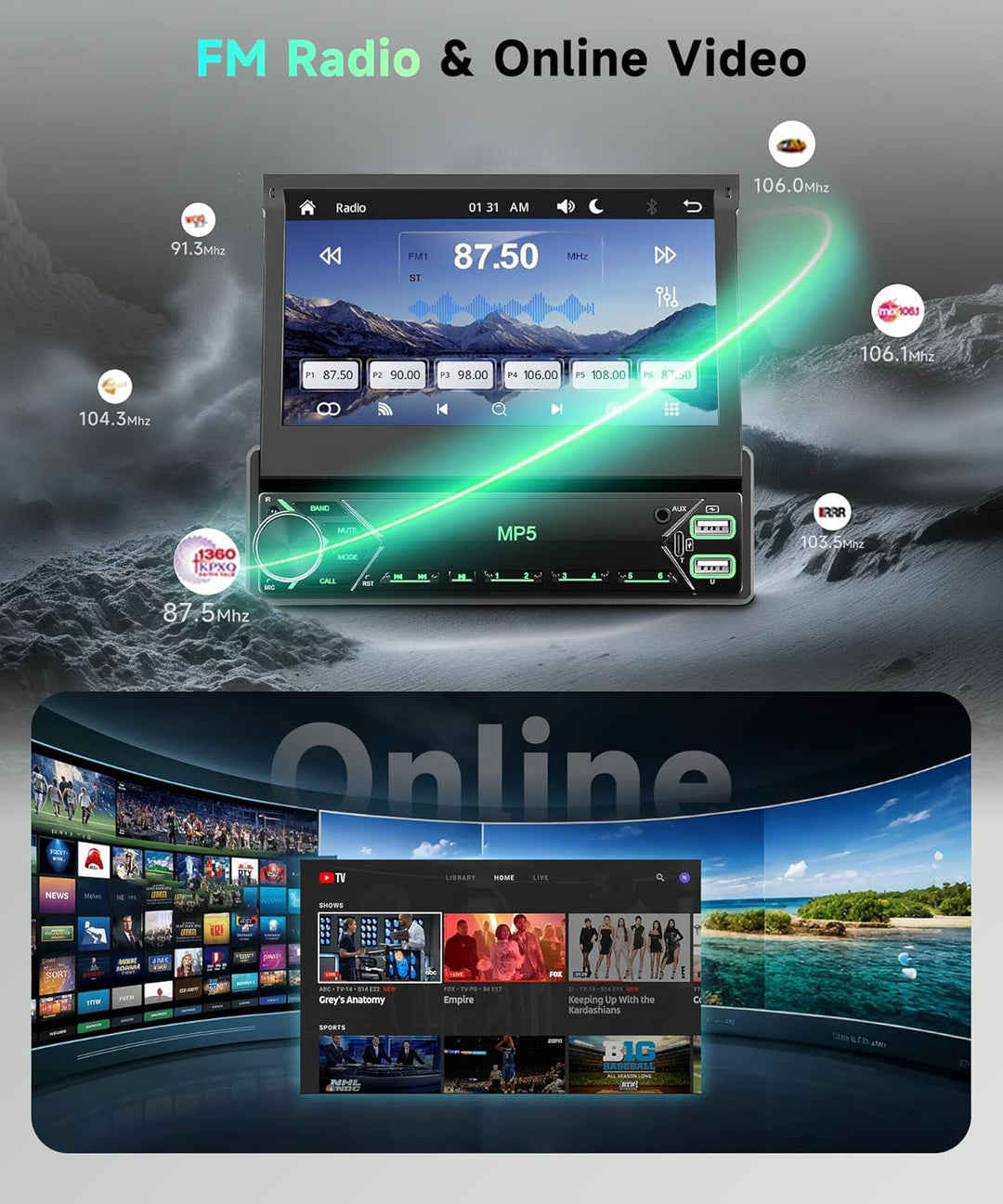 1 DIN Wireless Carplay Autoradio mit 7-Zoll manuell versenkbarem Touchscreen, Single Din Bluetooth R