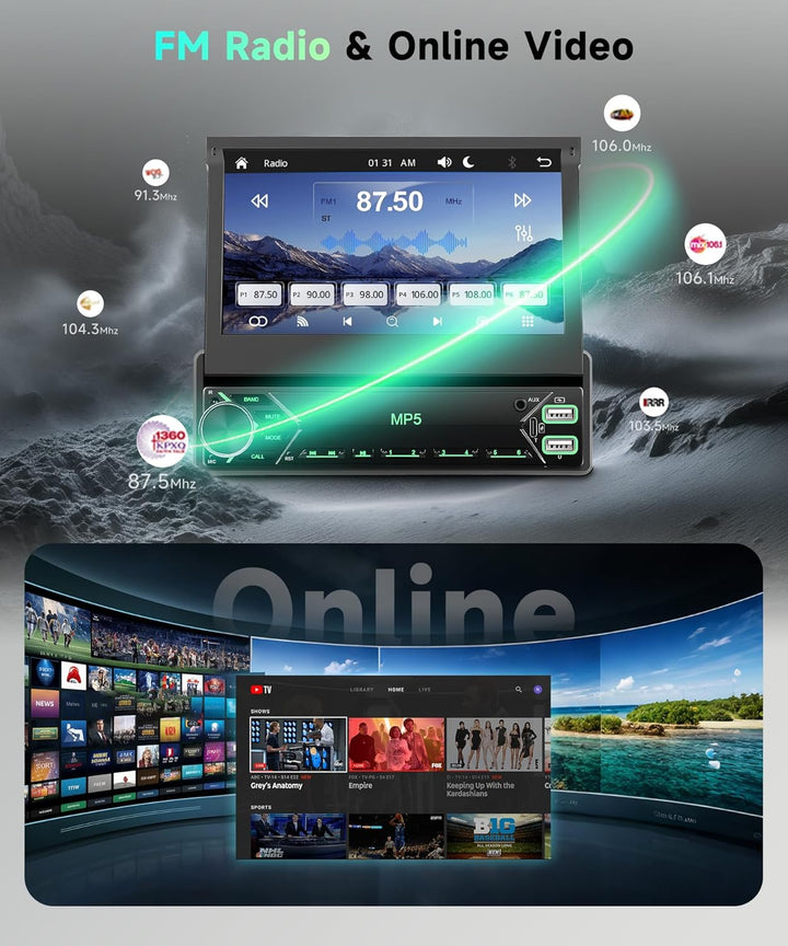 1 DIN Wireless Carplay Autoradio mit 7-Zoll manuell versenkbarem Touchscreen, Single Din Bluetooth R