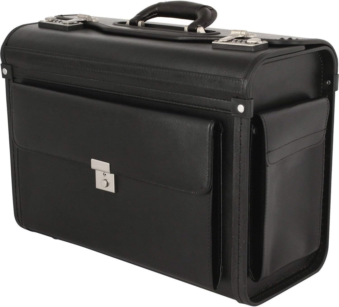 Leder Aktenkoffer Pilotenkoffer Laptop Arbeits Koffer Schwarz 46 cm Bowatex