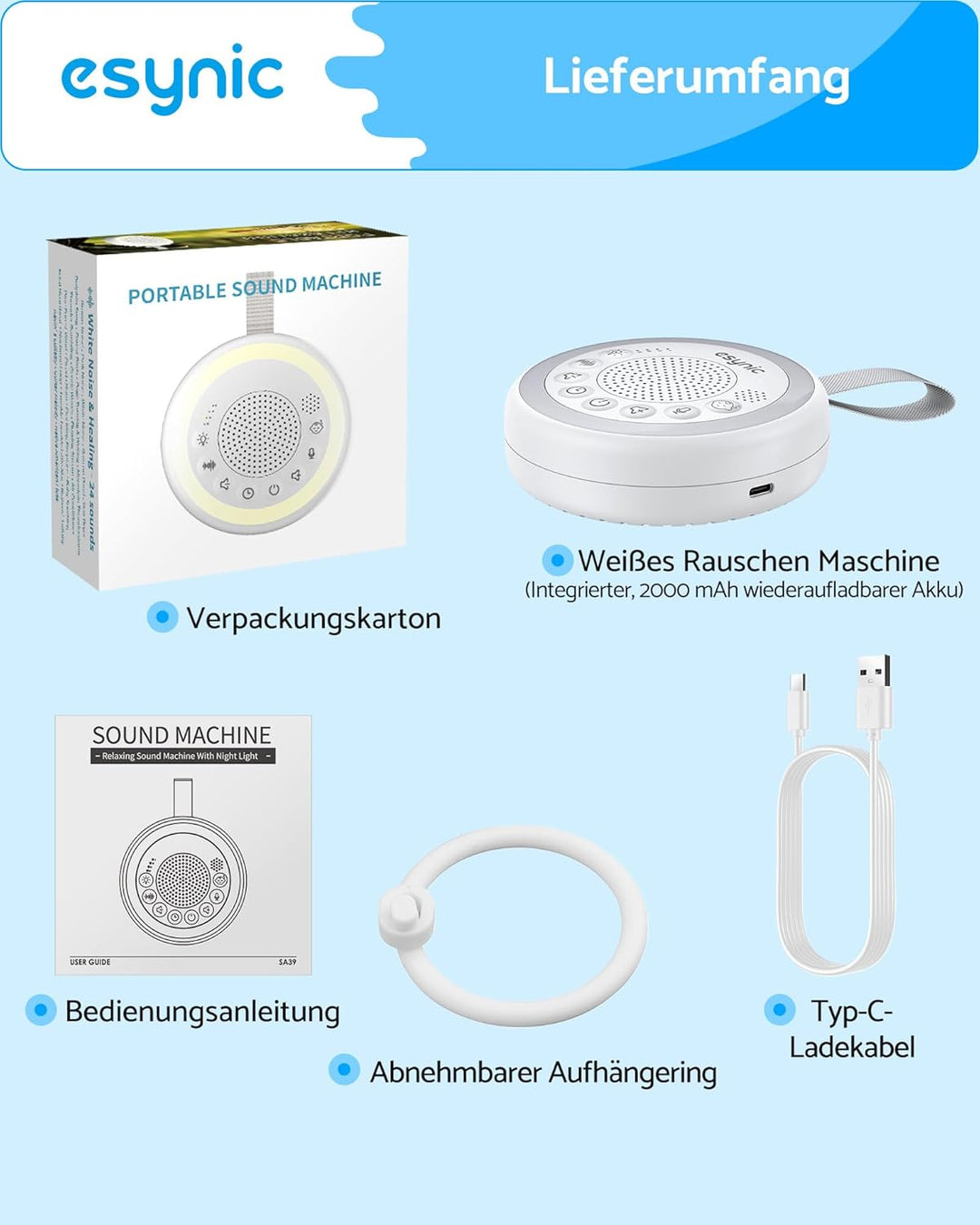 eSynic White Noise Machine für Baby Einschlafhilfen Kinder Weisses Rauschen Machine 24 Sound Weinen-
