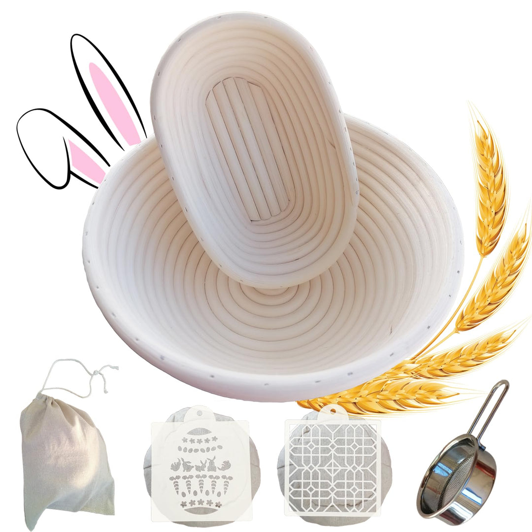 Gärkörbchen Rund und Oval, Gärkörbe aus Rattan zum kreativen Brotbacken inkl. Leineneinlage, Brotsch