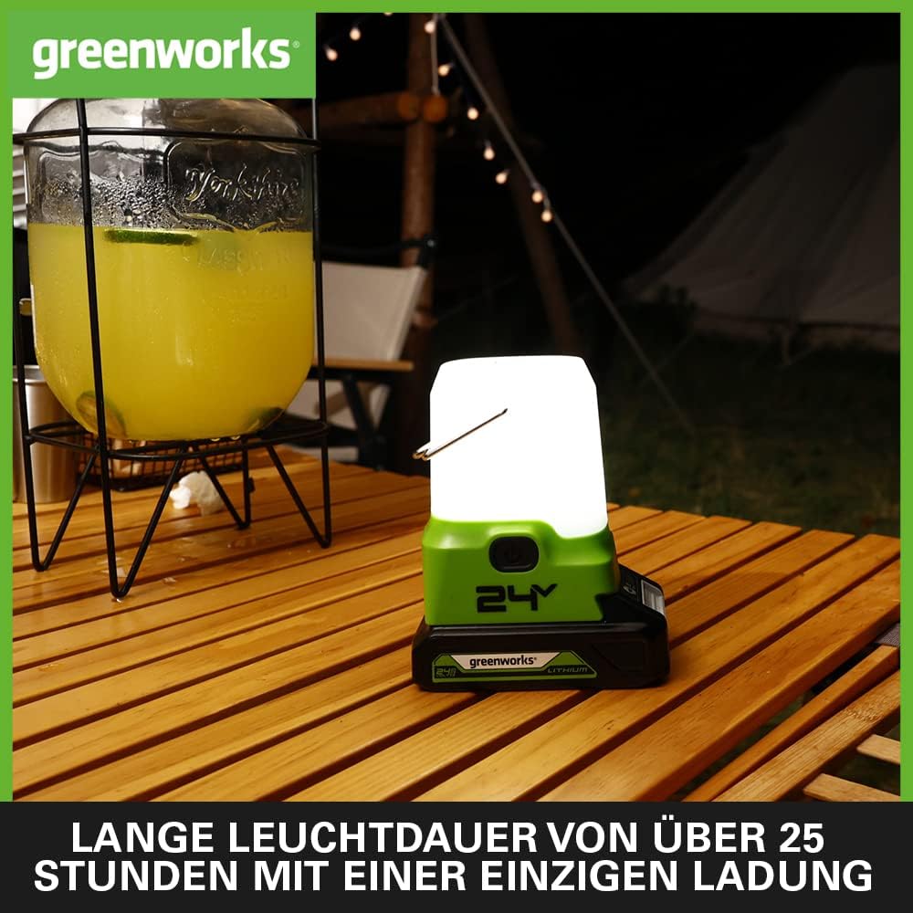 Greenworks G24LA500 Akku-Laterne und Campinglampe mit Haken zum Aufhängen, 500 Lumen, Camping Licht