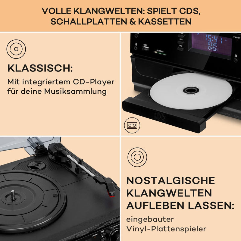 Auna Plattenspieler für Schallplatten, Plattenspieler mit Lautsprecher, CD-Player, USB & DAB Radio,