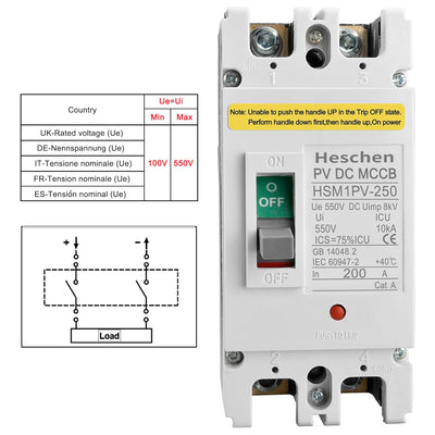 Heschen DC-Leistungsschalter MCCB, HSM1PV-250, 2-polig, DC550V 200A, Photovoltaik-Leistungsschalter,