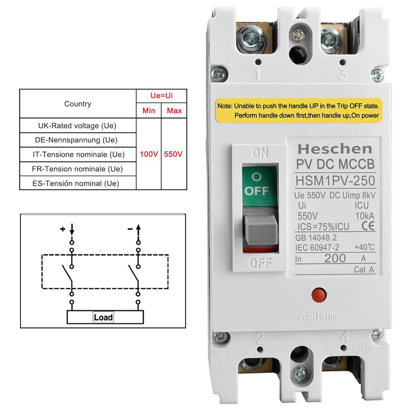 Heschen DC-Leistungsschalter MCCB, HSM1PV-250, 2-polig, DC550V 200A, Photovoltaik-Leistungsschalter,