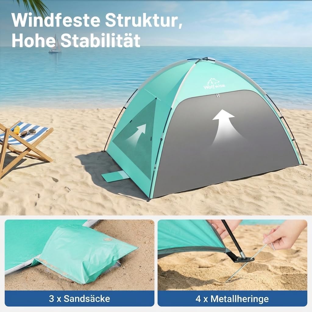 Wolfwise Strandmuschel UV Schutz, 3 Belüftungsfenster &amp; Tragetasche, Strand Zelt mit erweiterbarem B