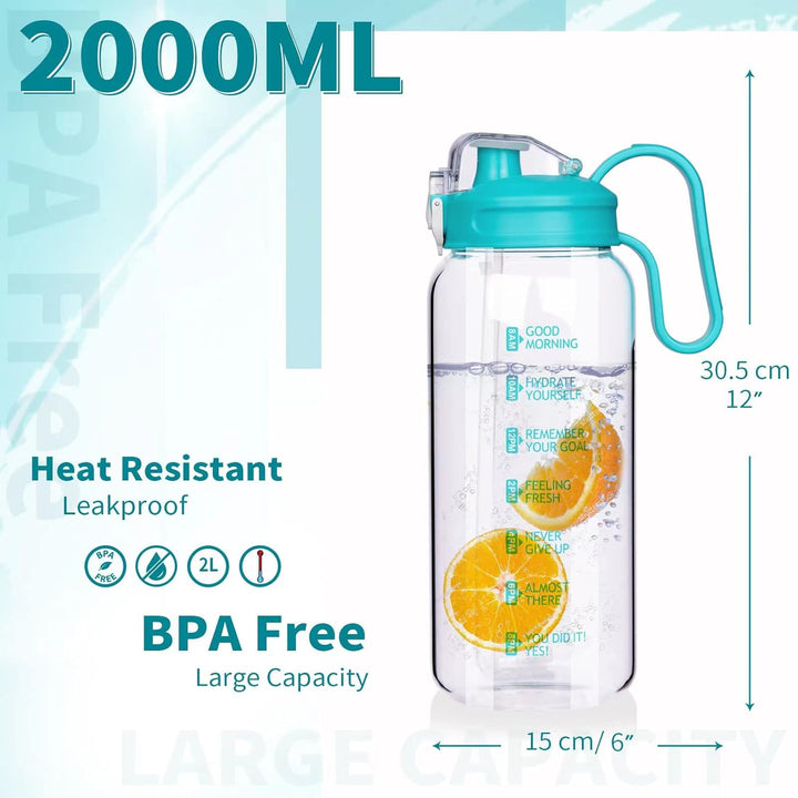 DEARRAY 2l Trinkflasche Glas mit Strohhalm & Zeitmarkierung 2 liter Grosse Motivation Glasflasche mi