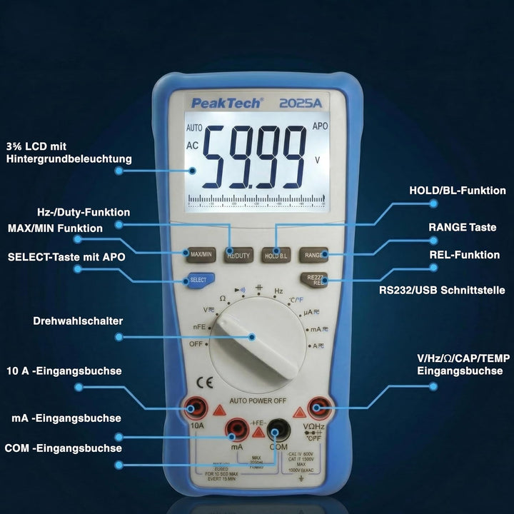 PeakTech 2025 A – True RMS Digital Multimeter, 6.000 Counts, integrierte Datenschnittstelle mit Soft