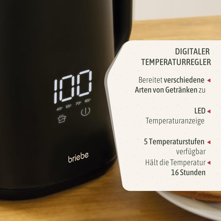 briebe eBoil Elektrischer Wasserkocher, 1,7 l, digitales Display, einstellbare Temperatur 45 °C bis