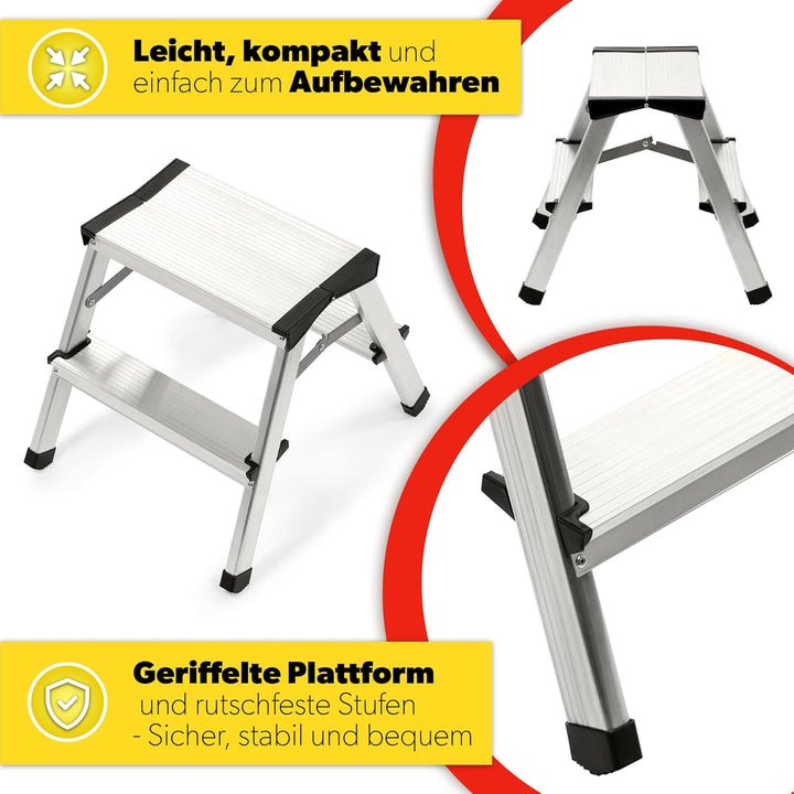 KADAX Trittleiter aus Aluminium 2 Stufen, Klapptritt bis 125kg, Stufenleiter mit Antirutschstufen, S