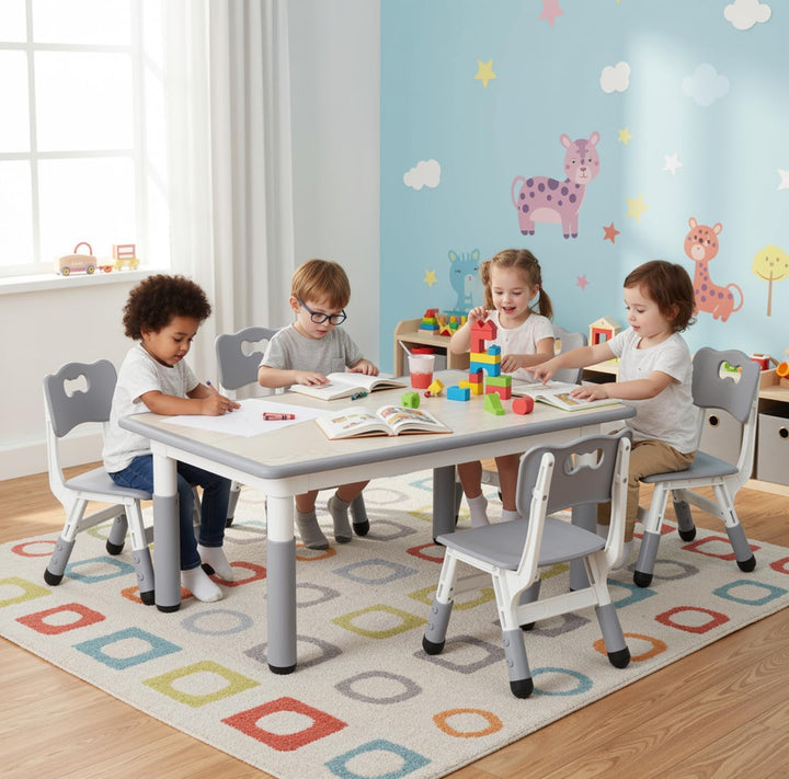 Clevich Kindertisch mit 4 Stühlen, Tisch Stuhl Set Höhenverstellbar,Kindertischgruppe für Kinderzimm
