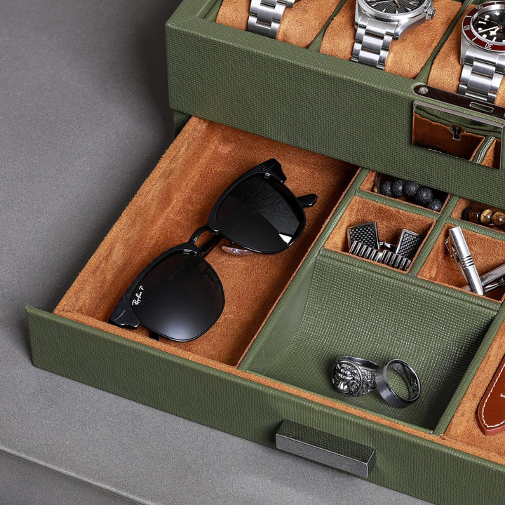 ROTHWELL Leder-Uhrenbox 10 Fächer mit Schublade, Luxus-Uhrenetui mit weichen Kissen, abschliessbarer