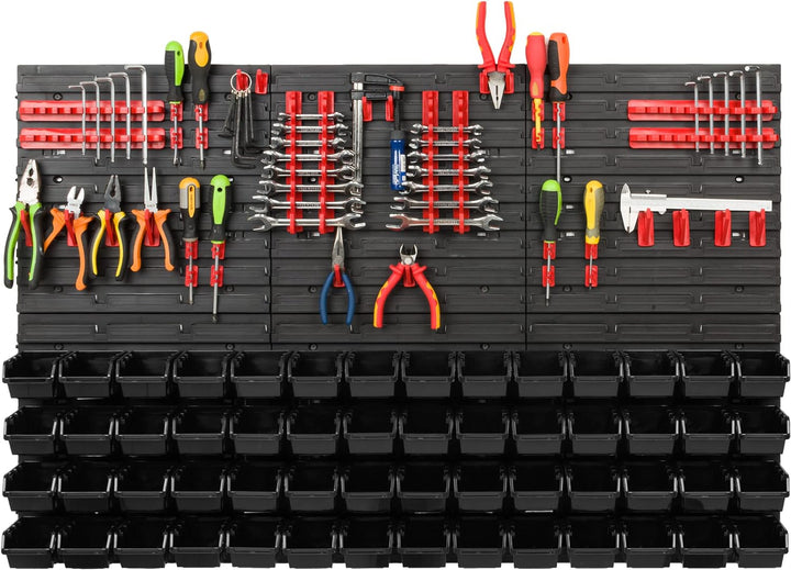 Lagersystem Werkstattregal | 117 x 78 cm | 56 stck. Box | Wandregal mit Werkzeughalterungen und Stap