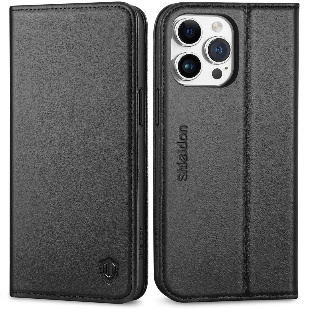 SHIELDON Hülle für iPhone 15 Pro Max, Handyhülle TPU [Echtleder] [Kartenfach] [Magnet] [Stand] [RFID