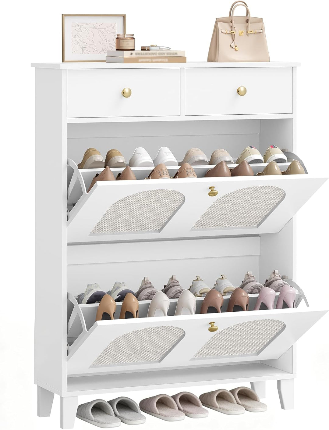 Hzuaneri Schuhschrank mit 2 Klappen, Grosser Rattan Schuhschrank Schmal Holz, Trennwand Verstellbar,