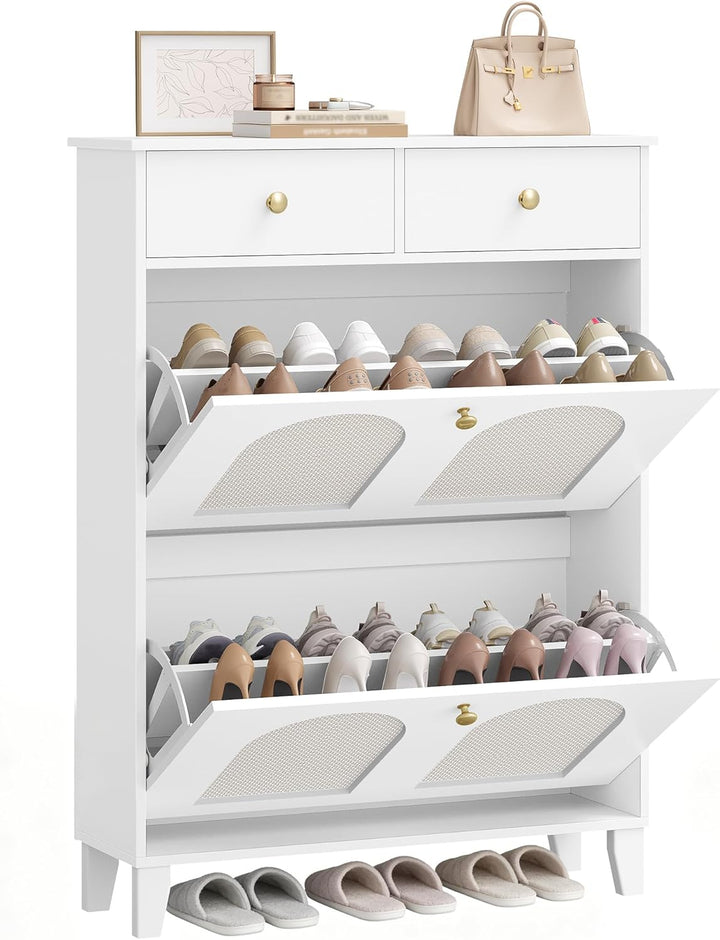 Hzuaneri Schuhschrank mit 2 Klappen, Grosser Rattan Schuhschrank Schmal Holz, Trennwand Verstellbar,