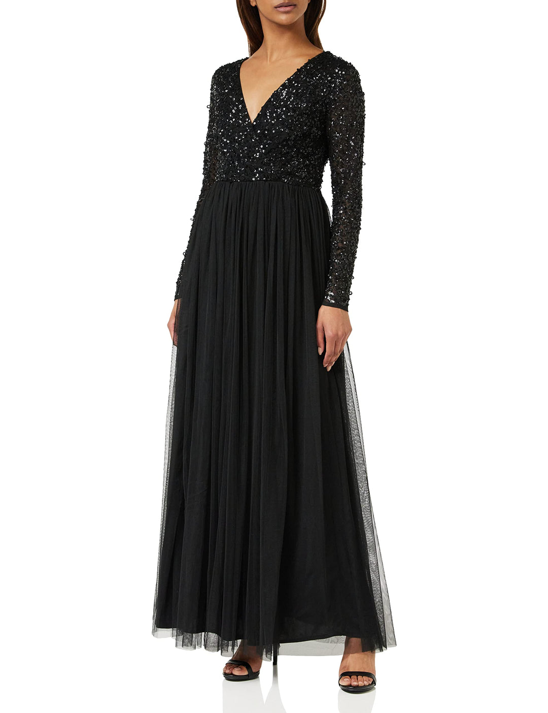 Maya Deluxe Damen Ladies Maxi Dress Women with Long Sleeves V Neckline Plunging Sequin Embellished f
