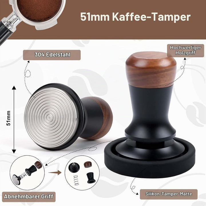 Kaffee Tamper Set: Tamper 51mm mit Holzgriff-WDT Tool mit 6 Nadel-Silikon Tampermatte, Kaffeestampfe