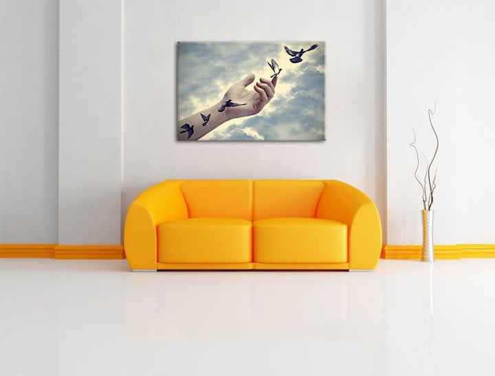 Pixxprint Vögel fliegen in die Freiheit / 100x70cm Leinwandbild bespannt auf Holzrahmen/Wandbild Kun