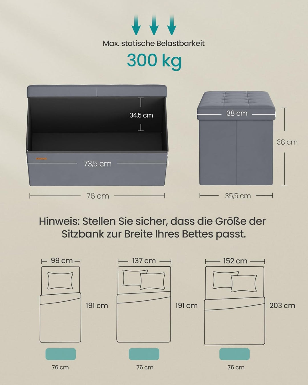 SONGMICS Sitzbank mit Stauraum, klappbare Sitztruhe, 38 x 76 x 38 cm | Aufbewahrungsbox, Deckel klap
