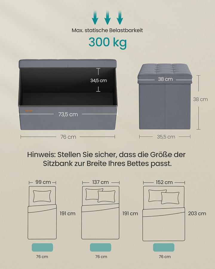 SONGMICS Sitzbank mit Stauraum, klappbare Sitztruhe, 38 x 76 x 38 cm | Aufbewahrungsbox, Deckel klap