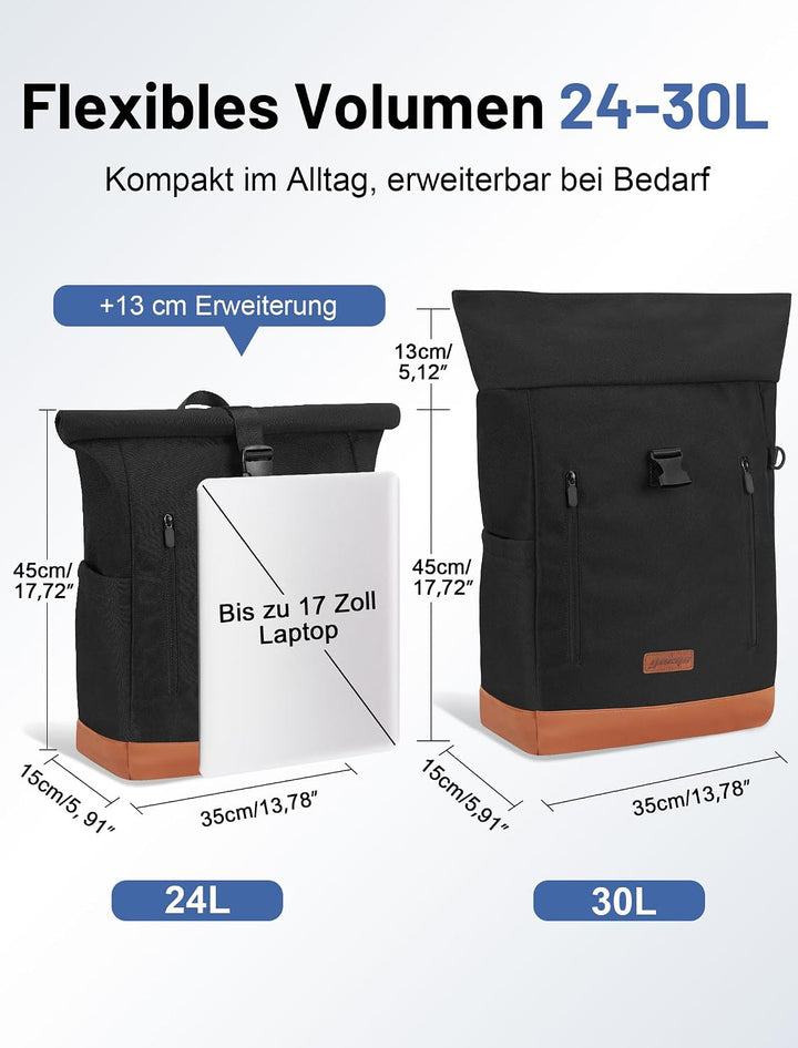 Rucksack Damen &amp; Herren, 24-30L Rolltop Rucksack Laptoprucksack mit 17 Zoll Laptopfach &amp; USB Anschlu