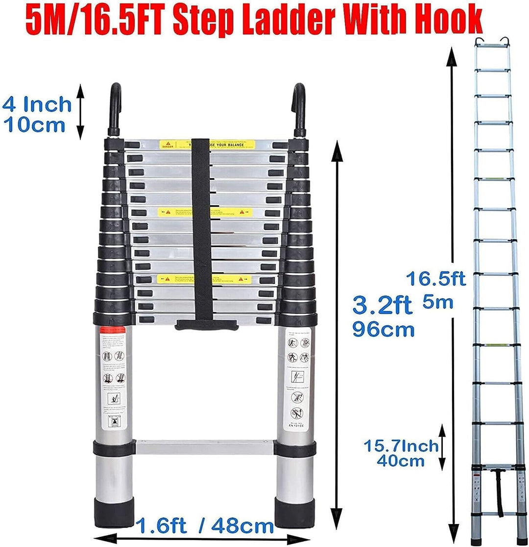 5 m Teleskopleiter mit Dachhaken-Kit Aluminium, tragbar, multifunktional, faltbar, tragbar, strapazi