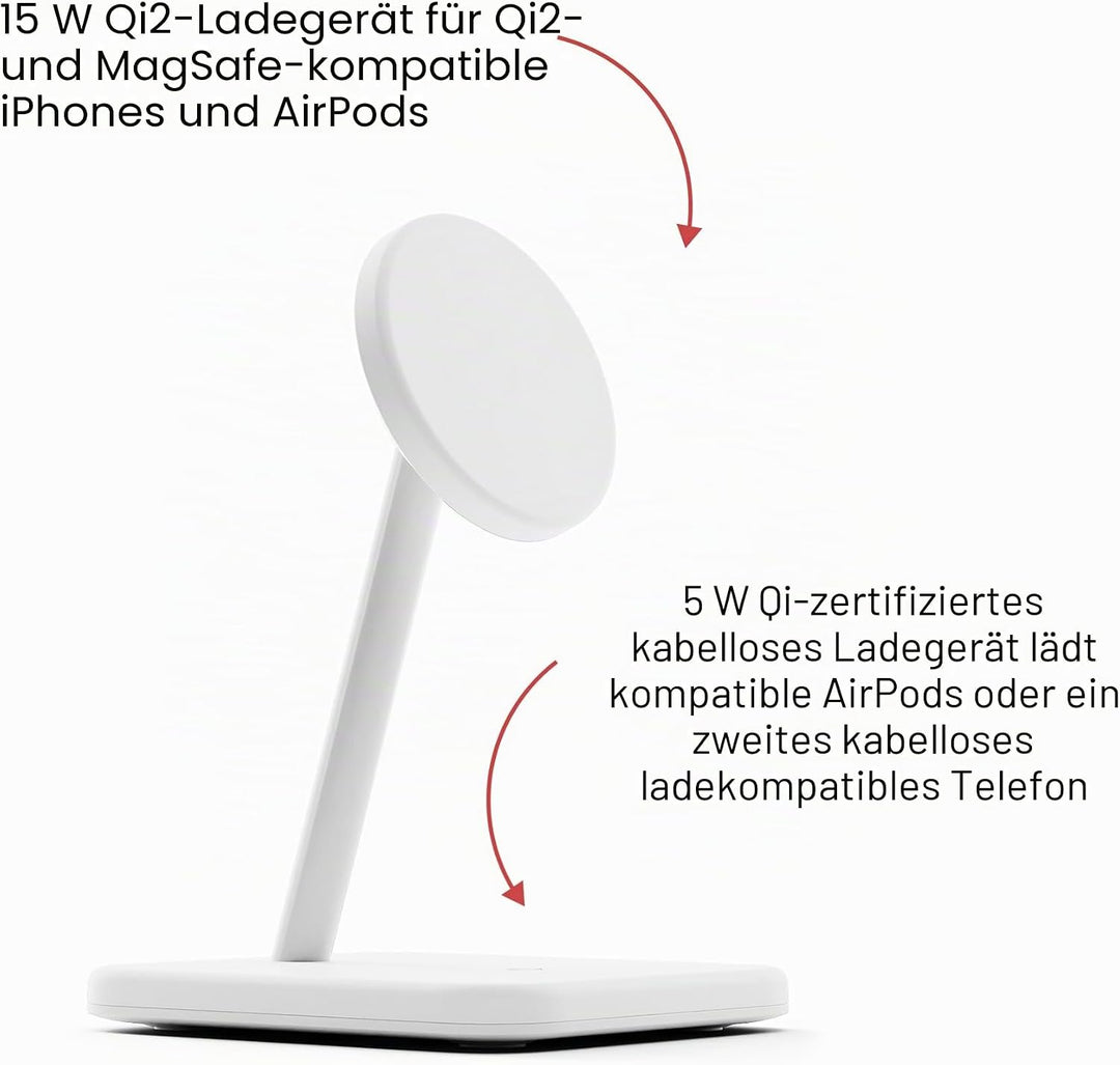 Twelve South HiRise 2 Deluxe 2-in-1-Ladeständer Qi2 für iPhone und AirPods, Weiss