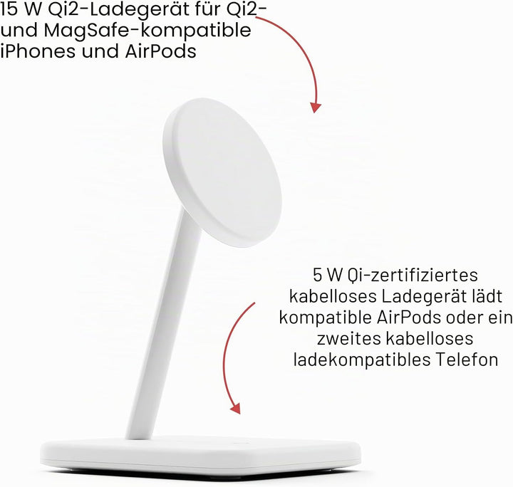 Twelve South HiRise 2 Deluxe 2-in-1-Ladeständer Qi2 für iPhone und AirPods, Weiss