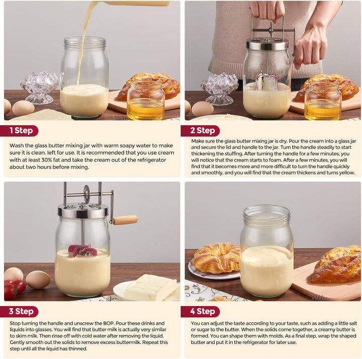 Butterfass Glas mit Handkurbel, 1,5L Butterfass Zum Butter Machen Mit Holzgriff Edelstahlgetriebe Ma