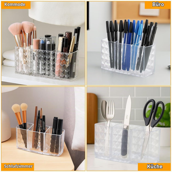 Kosmetik Organizer, 2-Pack Acrylic Pinselhalter, 3 Fächern Kristall Makeup Pinsel Halter, Klarer Sch