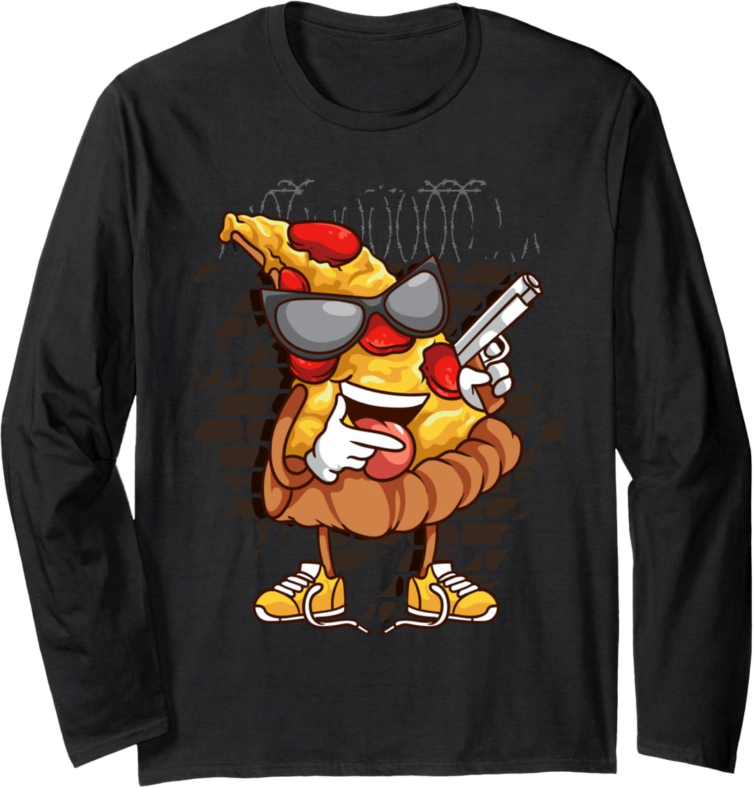Hip Hop Pizza Gangster Food Hustle Hard Gun Rap Entrepreneur Langarmshirt