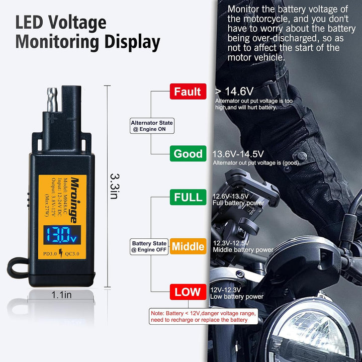 Mroinge Motorrad-USB-C-Ladegerät, SAE-auf-USB-Adapter, 27 W, Dual-Port-USB-Schnellladegerät mit Volt
