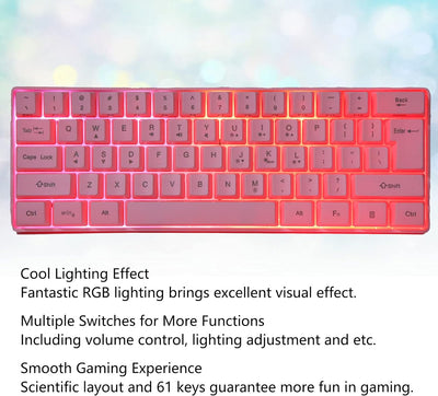 ASHATA Rosa Gaming Mechanische Tastatur, 61 Tasten RGB Hintergrundbeleuchtung Computer USB Gaming Ta