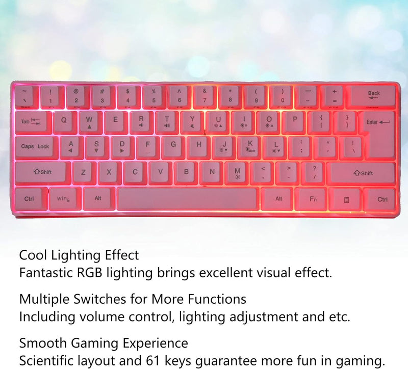 ASHATA Rosa Gaming Mechanische Tastatur, 61 Tasten RGB Hintergrundbeleuchtung Computer USB Gaming Ta