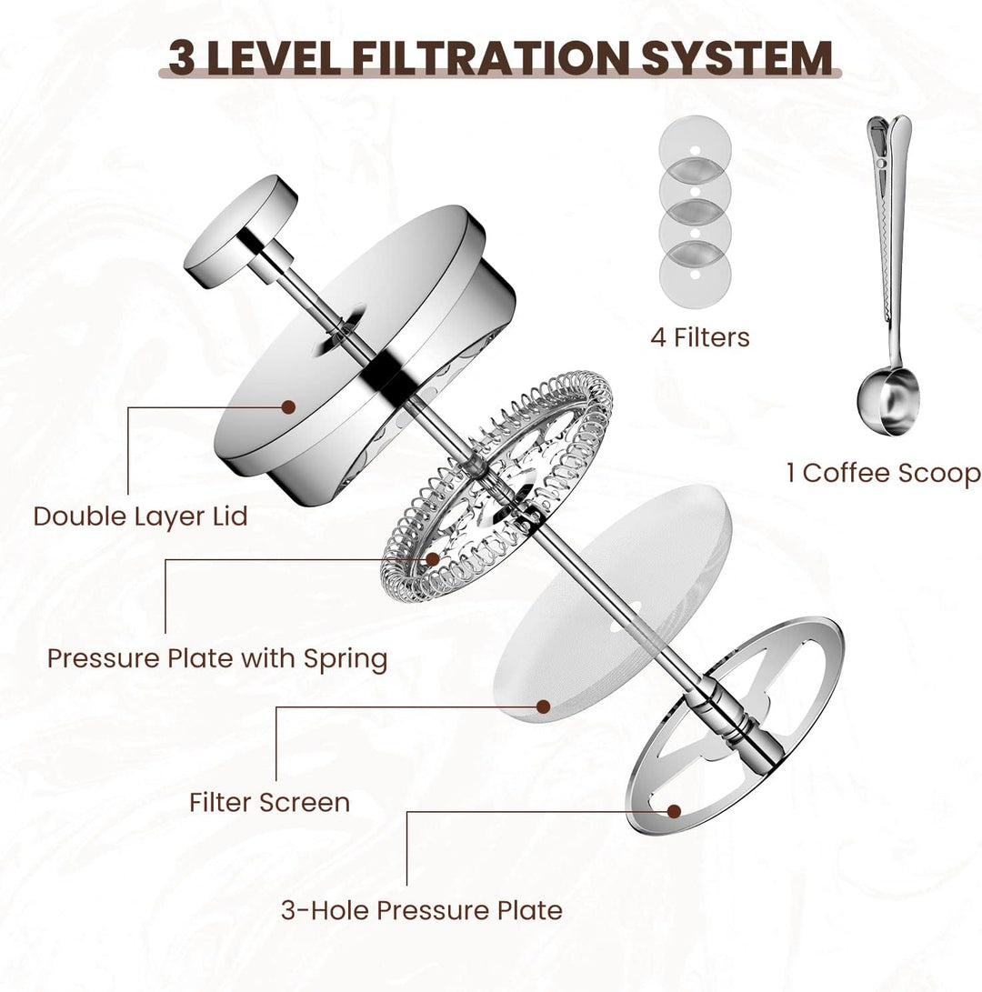 Velaze French Press Edelstahl Kaffeebereiter, 350ML Kaffeezubereiter für 2-3 Tassen, Doppelwandige F