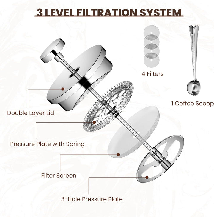Velaze French Press Edelstahl Kaffeebereiter, 350ML Kaffeezubereiter für 2-3 Tassen, Doppelwandige F