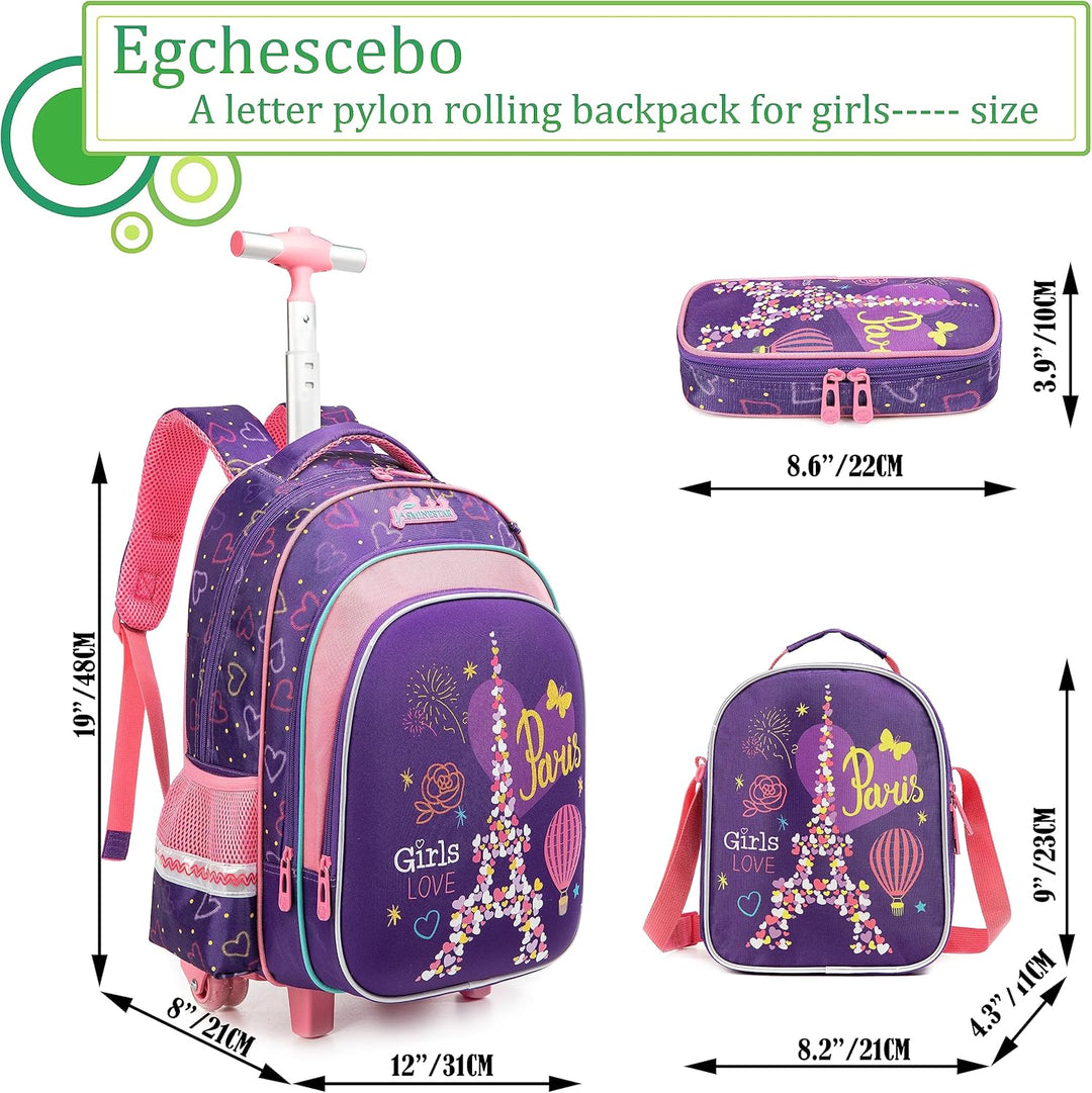 Egchescebo Schulranzen Kinder Rollrucksack für Mädchen 17" 3PCS Rollen Reiserucksäcke Lila-4, Lila-4