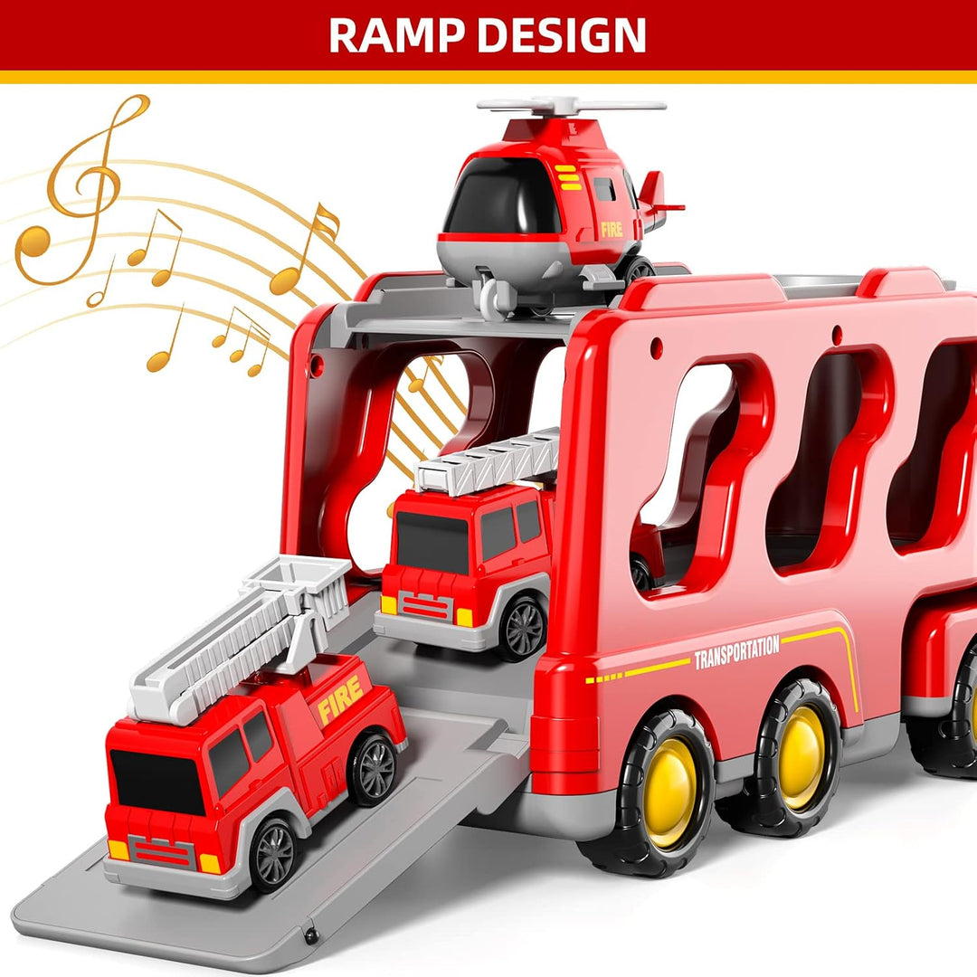 5-in-1 Feuerwehr-Spielzeug für Kleinkinder Jungen & Mädchen, Friktions-Auto-Transporter mit Licht &