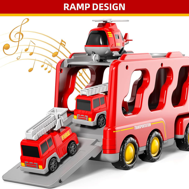 5-in-1 Feuerwehr-Spielzeug für Kleinkinder Jungen & Mädchen, Friktions-Auto-Transporter mit Licht &