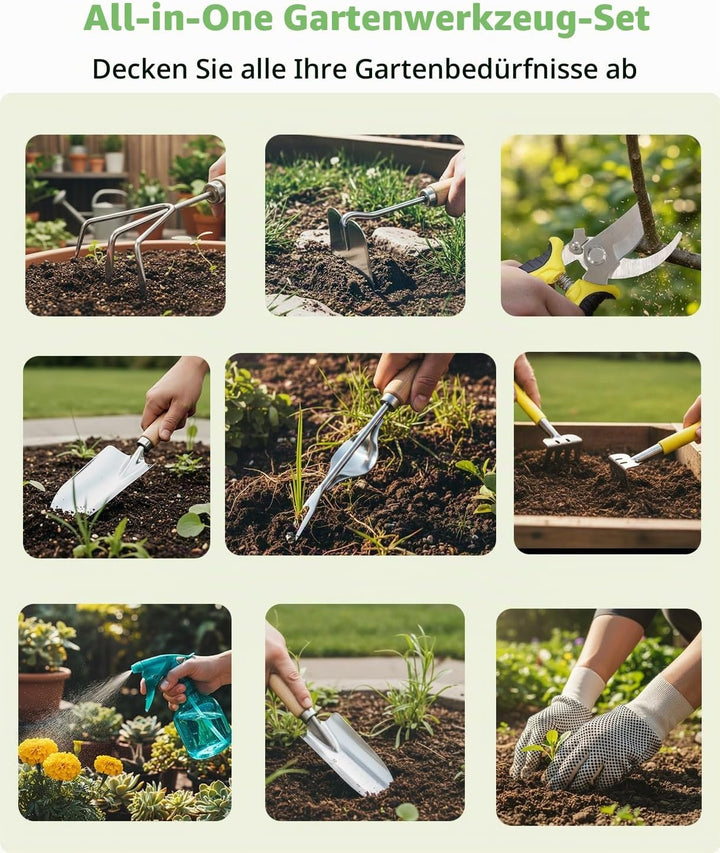 MOSFiATA Gartenwerkzeug Set 12-teilig Schwerlast Edelstahl Gartenarbeit Kit mit antischlipsigen Holz