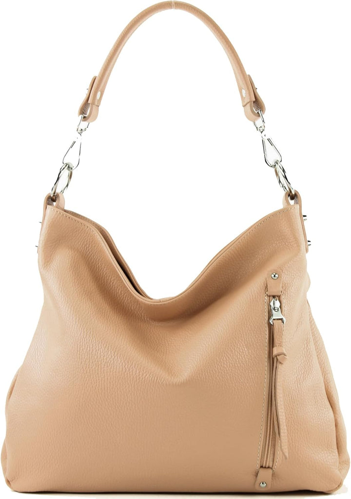 modamoda de - T183 - ital. Damen Schultertasche aus Leder Beige, Beige
