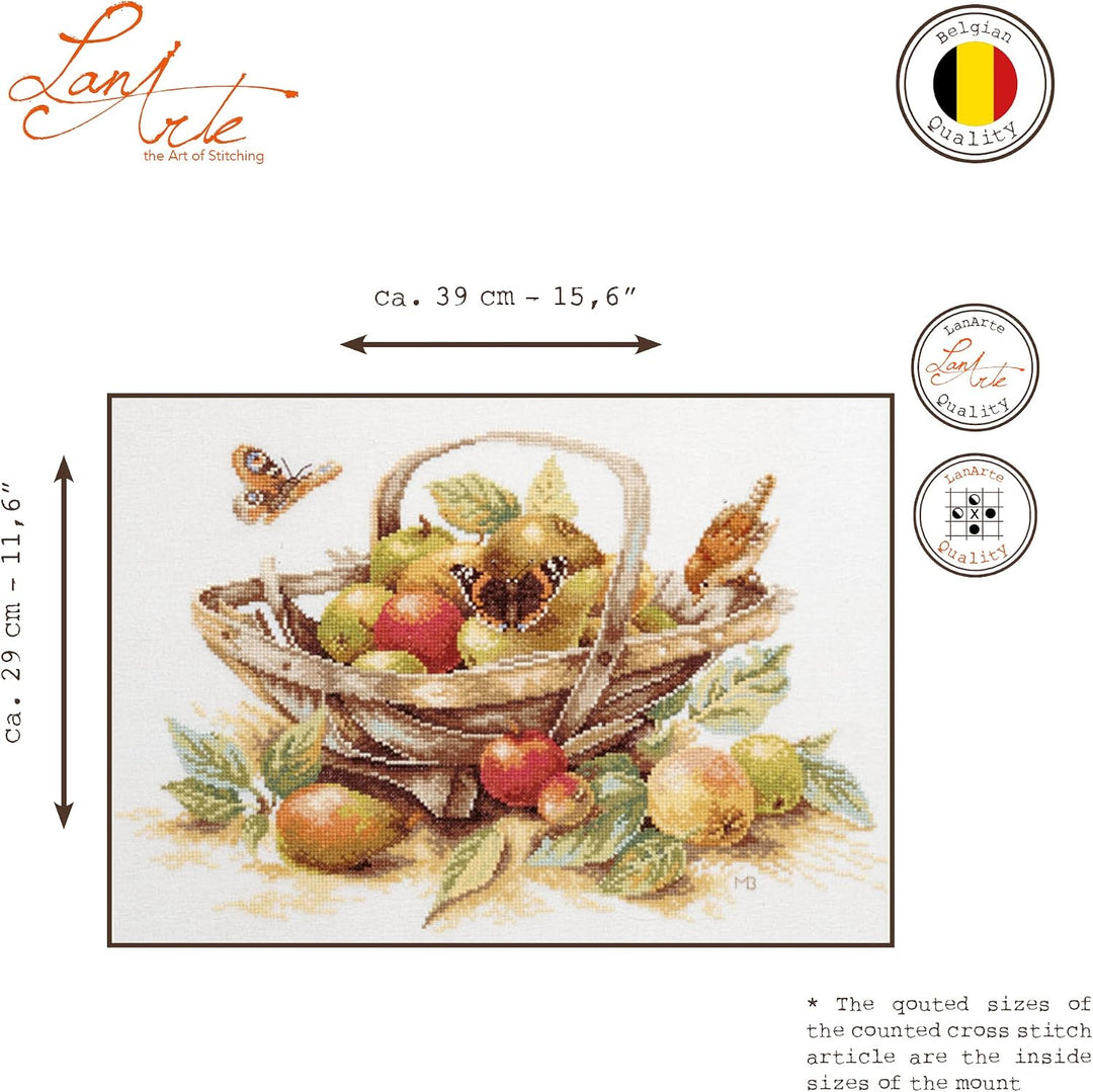 LANARTE PN Zählmusterpackung Korb mit Äpfeln Kreuzstichpackung, Baumwolle, Mehrfarbig, 39 x 29 x 0.3