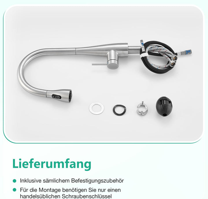CREA Wasserhahn Armatur Küche Ausziehbar, Küchenarmatur mit Brause 3 Wasserstrahlarten, Hochdruck Ei