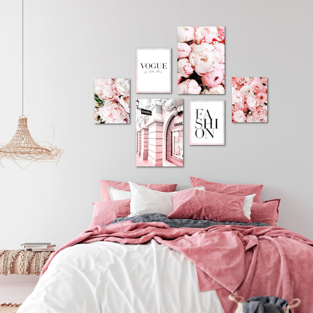 Novart Wandbilder Set Coco Fashion Blumen Rosa - KEIN EXTRA RAHMEN BENÖTIGT - Modern Deko - Wohnzimm