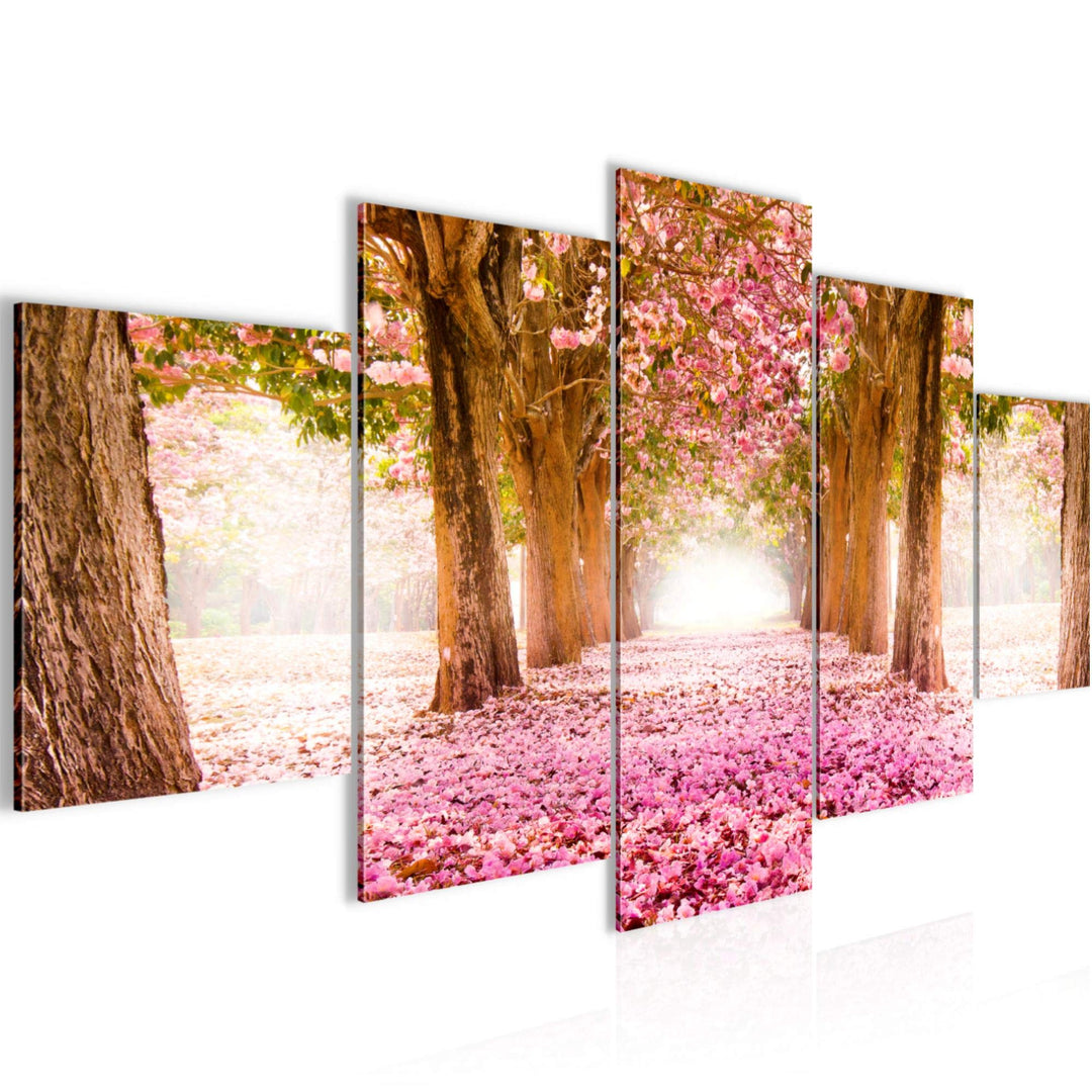 Runa Art Bild Schlafzimmer Wohnzimmer Wald Landschaft 5 Teilig Natur Rosa Wandbilder auf Vlies Leinw
