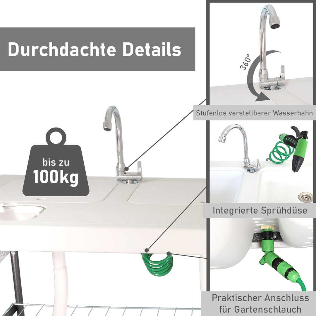Lemodo klappbarer Filetiertisch | tragbare Camping Spüle | Outdoor Waschbecken mit 2 Spülbecken | Mo